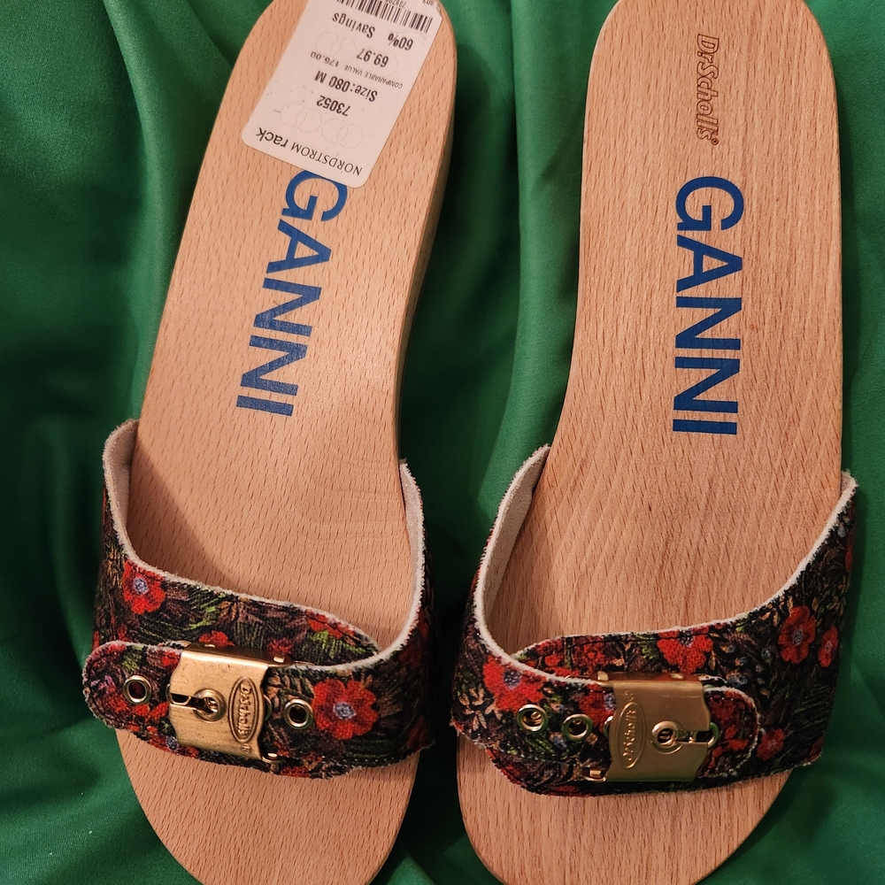 Ganni Floral Slide Sandals with Gold Buckle